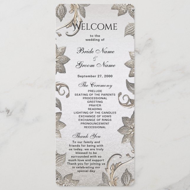 Silver Gold Floral Wedding Program Programm (Vorderseite)
