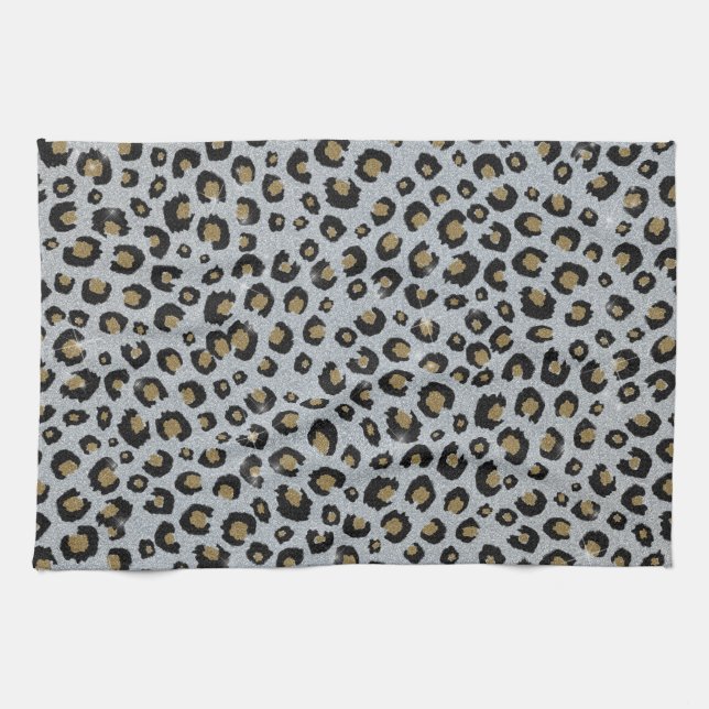 Silver Gold Glitzer Black Leopard Print Geschirrtuch (Horizontal)
