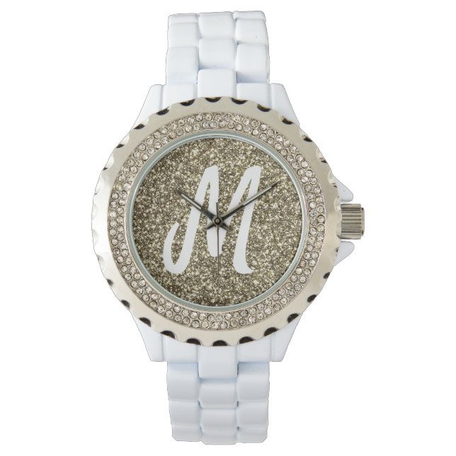 Silver Gold Glitzer Look Elegant Mit Monogramm Armbanduhr (Vorderseite)