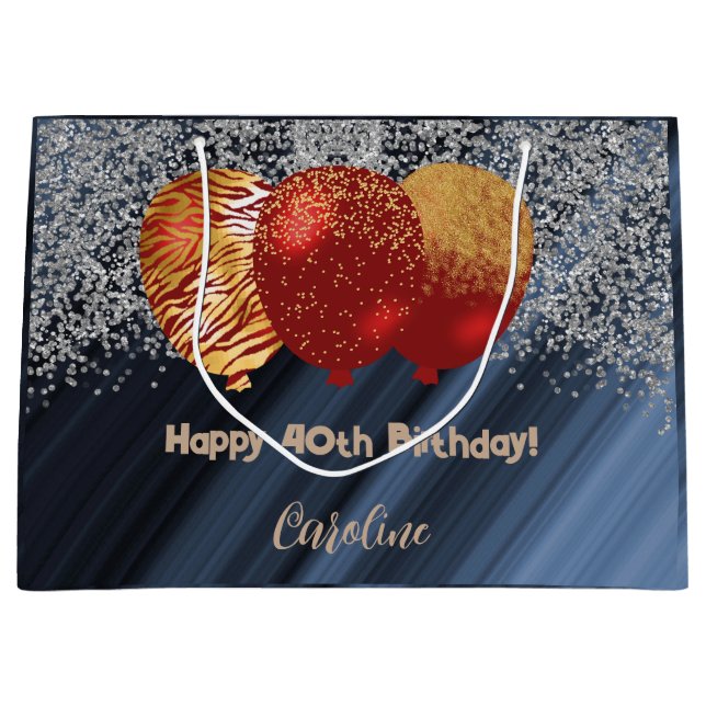 Silver & Gold Glitzer Red Balloon & Foto Große Geschenktüte (Vorderseite)