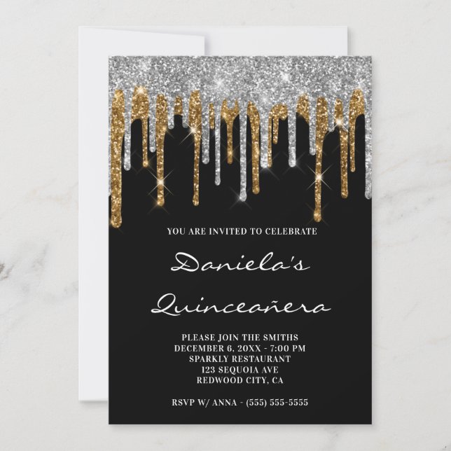 Silver Gold Glitzer Tropfen Black Quinceañera Einladung (Vorderseite)
