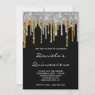 Silver Gold Glitzer Tropfen Black Quinceañera Einladung
