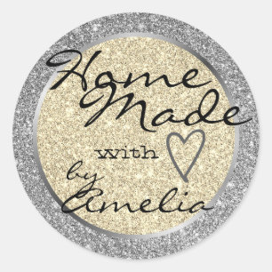 Silver Gold Glitzer Zuhause Made with Liebe Heart Runder Aufkleber