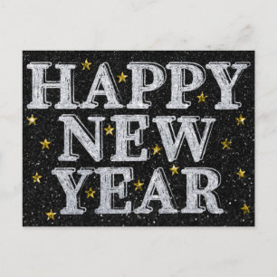Silver & Gold Happy New Year Glitzer Postkarte