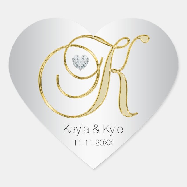 Silver Gold Monogram 'K' Wedding Umschlag Aufklebe Herz-Aufkleber (Vorderseite)