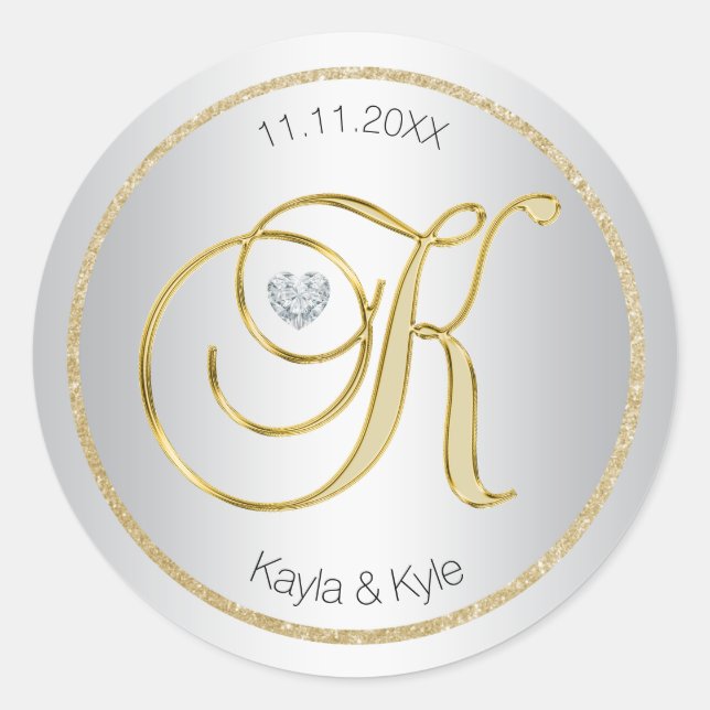 Silver Gold Monogram 'K' Wedding Umschlag Aufklebe Runder Aufkleber (Vorderseite)