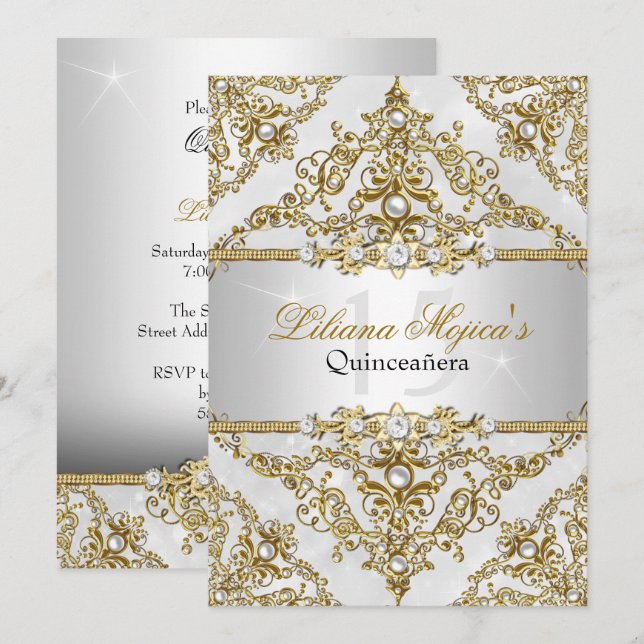 Silver & Gold Pearl Damask Quinceanera Einladung (Vorne/Hinten)