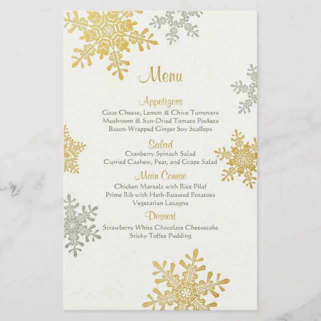 Silver Gold Pearl Snowflakes Menu de mariage hiver (Devant)