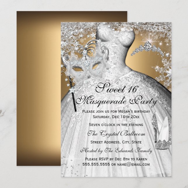 Silver Gold Princess Masquerade Sweet 16 Einladung (Vorne/Hinten)