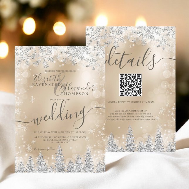 Silver gold Schnee Pine Weihnachten Winterhochzeit Einladung (Silver gold snow pine Christmas winter wedding qr Invitation)