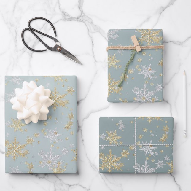 Silver & Gold Schneeflocken-Töne von Schiefergrün Geschenkpapier Set (Vorderseite)