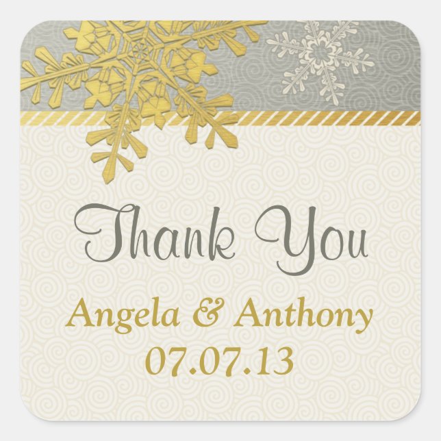 Silver Gold Snowflake Winter Wedding Gefallen Quadratischer Aufkleber (Vorderseite)