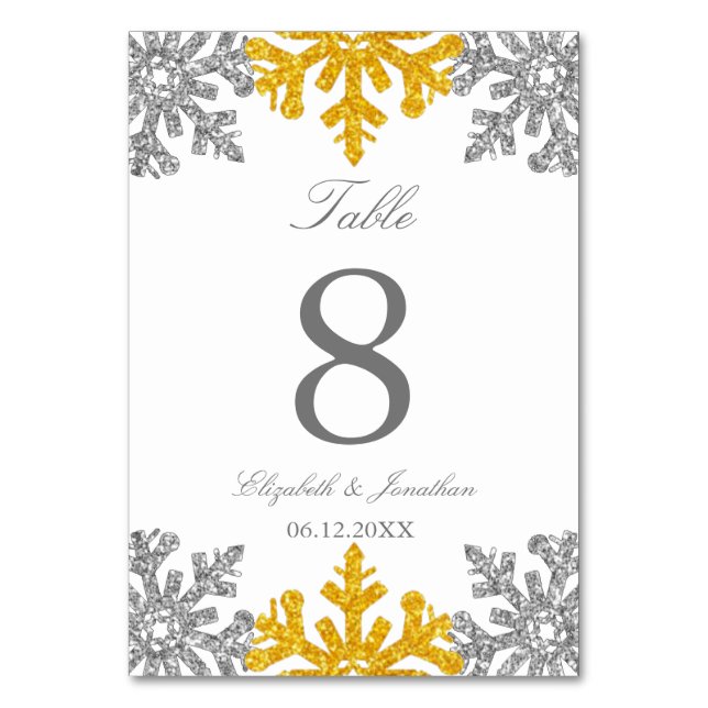 Silver Gold Snowflake Winter Wedding Tischnummer (Vorderseite)