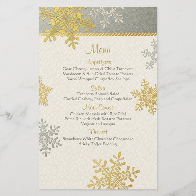 Silver Gold Snowflakes Winter Wedding Menu Card (Vorderseite)