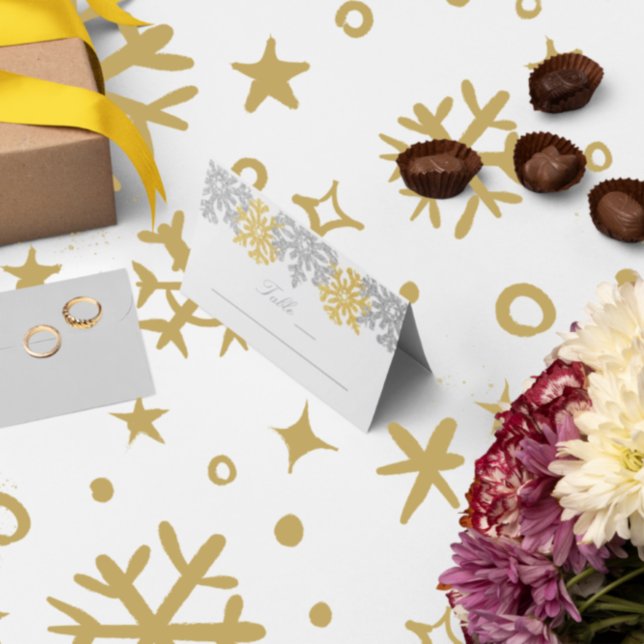 Silver Gold Snowflakes Winter Wedding Platzkarte (Von Creator hochgeladen)