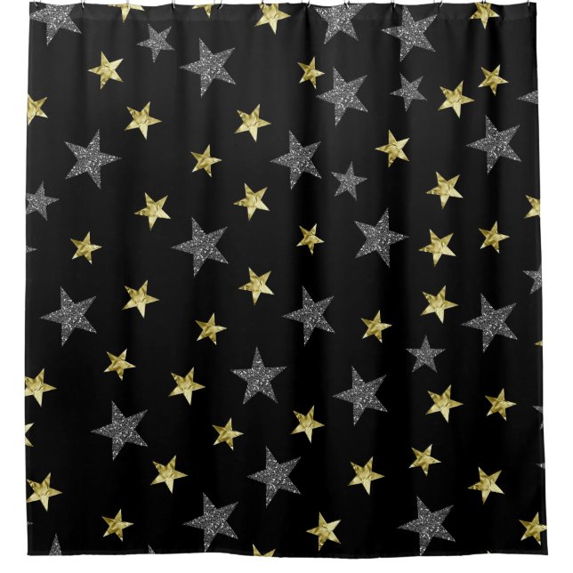 Silver & Gold Stars Black Hollywood Star Glam Duschvorhang (Vorderseite)