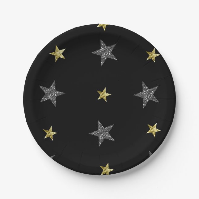 Silver & Gold Stars Black Hollywood Star Party Pappteller (Vorderseite)