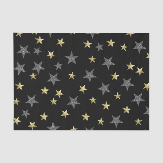 Silver & Gold Stars Black Hollywood Star Party Seidenpapier (Vorderseite)