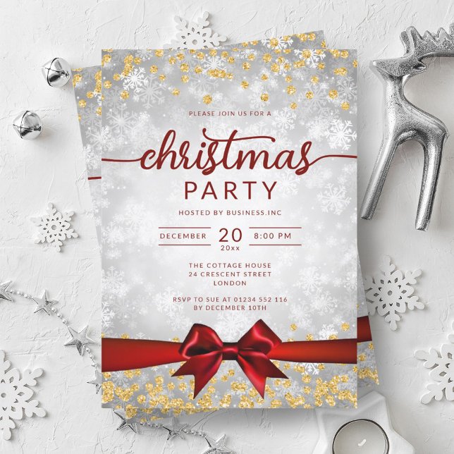 Silver Gold Winter Snowflakes Company Red Ribbon Einladung (Silver Gold Winter Snowflakes Company Red Ribbon Invitation)