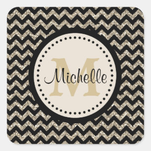 Silver Gold Zickzack Imitate Glitzer Monogram Quadratischer Aufkleber