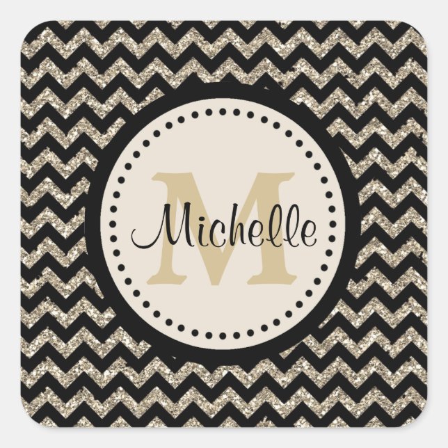 Silver Gold Zickzack Imitate Glitzer Monogram Quadratischer Aufkleber (Vorderseite)