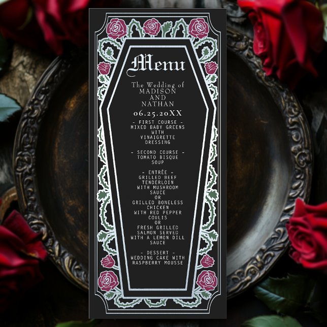 Silver Gothic Coffin Rose Black Wedding Menu Menükarte (Von Creator hochgeladen)