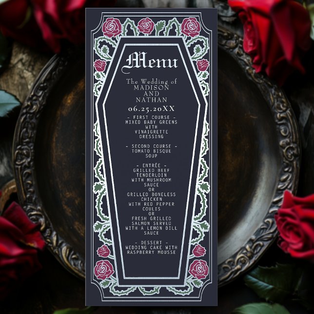 Silver Gothic Coffin Rose Blue Wedding Menu Menükarte (Von Creator hochgeladen)