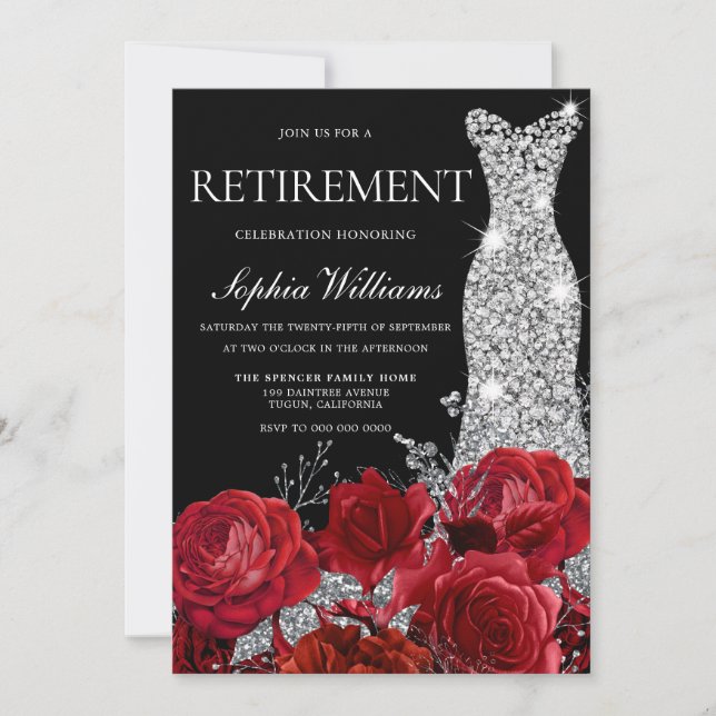 Silver Gown Rote Rosen Black Retirement Party Einladung (Vorderseite)