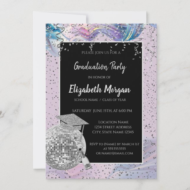 Silver Grad Cap, Disco Ball, Wine Violet Abstrakt Einladung (Vorderseite)