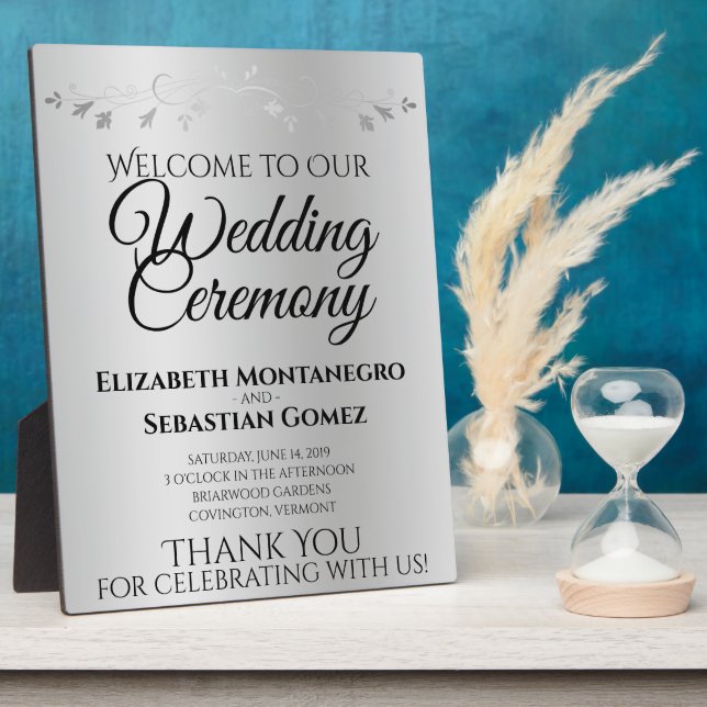 Silver Gradient & Blüh Elegante Hochzeit Willkomme Fotoplatte (Seite)