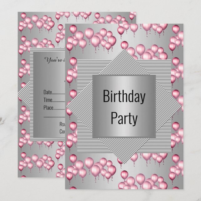 Silver Gradient rosa Ballon All Occassion PARTY Einladung (Vorne/Hinten)