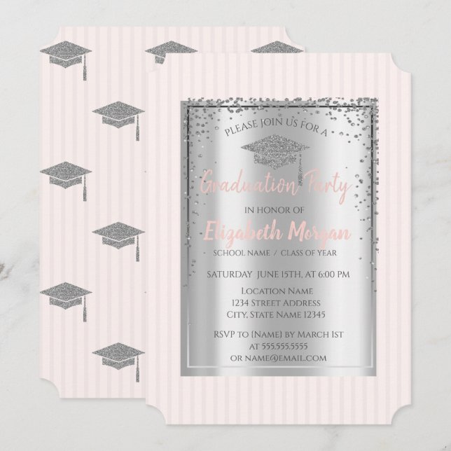 Silver Graduation Cap Striping Abschluss Einladung (Vorne/Hinten)