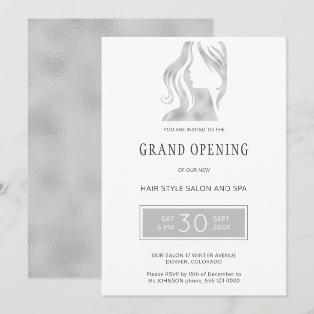 Silver grau elegante Schönheitssalon große Öffnung Einladung (Vorne/Hinten)