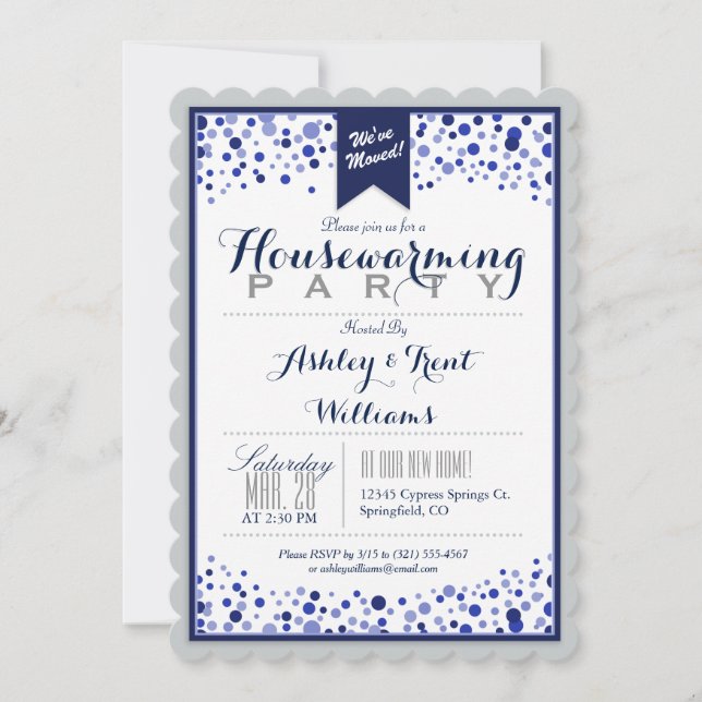 Silver Grau, White, Navy Blue Housewarming Party Einladung (Vorderseite)