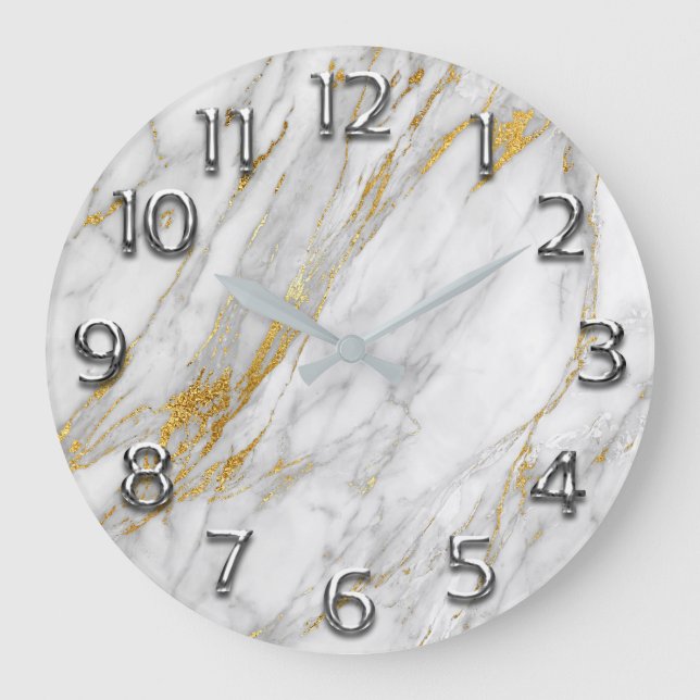 Silver Gray Arabic Numbers Gold Carrara Marble Große Wanduhr (Vorderseite)
