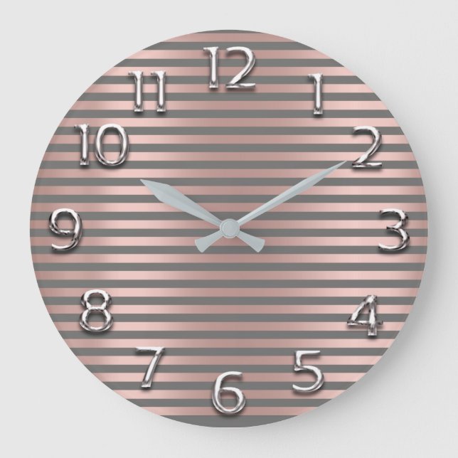 Silver Gray Arabic Numbers Rose Blush Glam Stripes Große Wanduhr (Vorderseite)