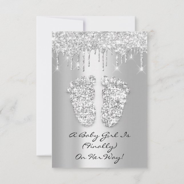 Silver Gray Baby Girl Boy Dusche Feet Einladung (Rückseite)