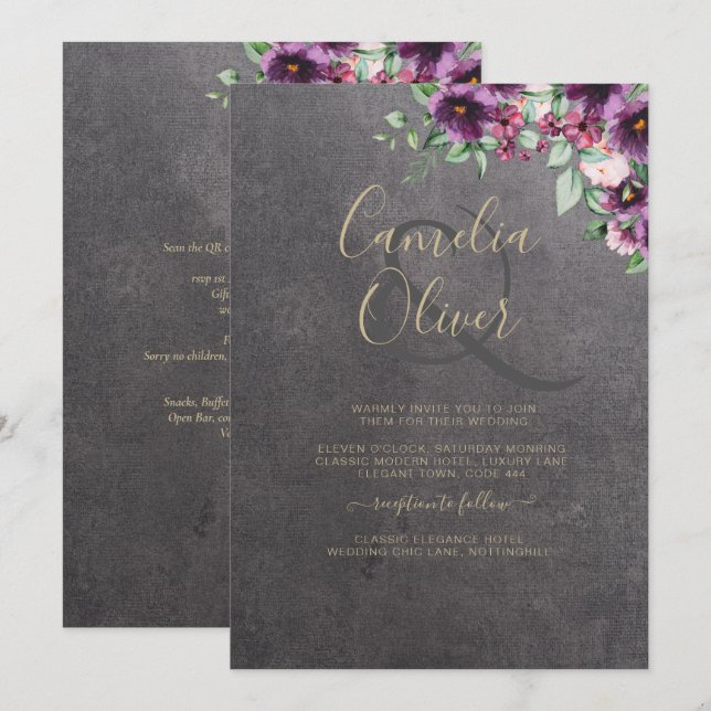Silver Gray Berry Floral Wedding Winter Fall Einladung (Vorne/Hinten)