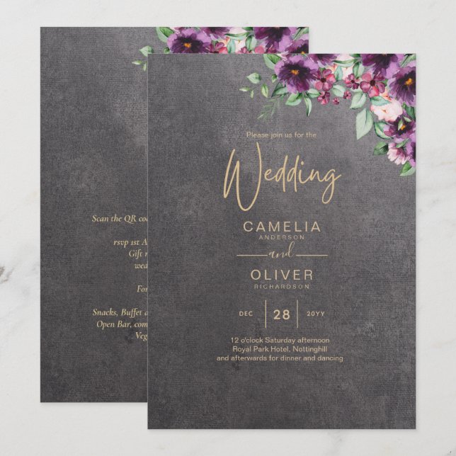 Silver Gray Berry Floral Wedding Winter Fall Einladung (Vorne/Hinten)