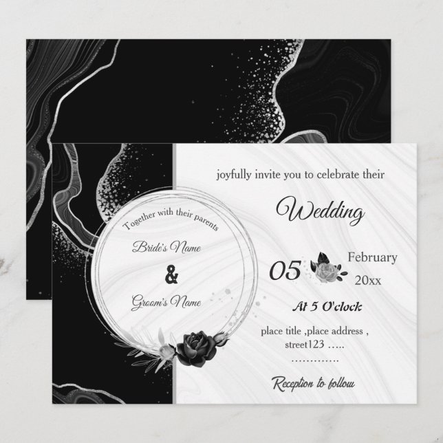 silver gray & black flowers botanical wedding einladung (Vorne/Hinten)