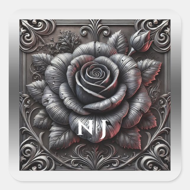 Silver Gray & Black Rose Elegante Gotische Hochzei Quadratischer Aufkleber (Vorderseite)