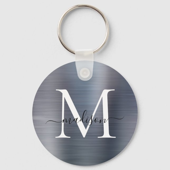 Silver Gray Brushed Metal Girl Script Monogram Schlüsselanhänger (Vorderseite)