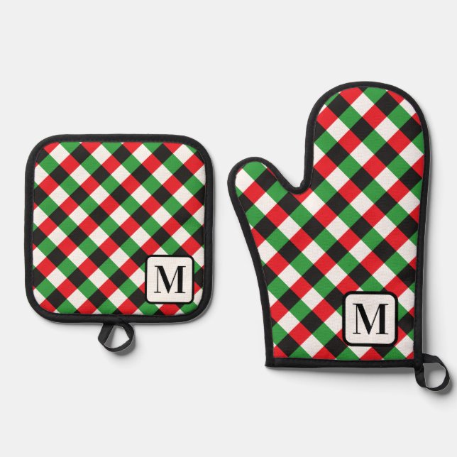 Silver Gray Buffalo Kariert Gingham Mit Monogramm Ofenhandschuh & Topflappen-Set (Vorderseite)