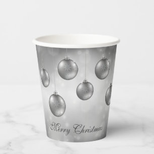 Silver Gray Christmas Baubles on Gray Bokeh Pappbecher
