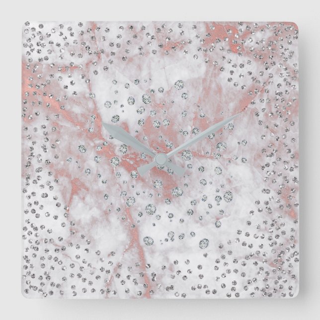 Silver Gray Confetti Diamonds Crystals Marble PInk Quadratische Wanduhr (Vorderseite)