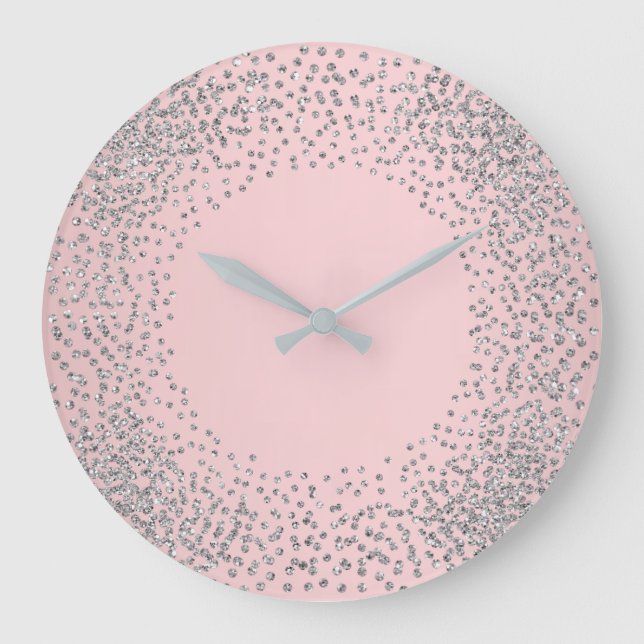 Silver Gray Crystals Confetti Glitter Gems Pink Große Wanduhr (Vorderseite)