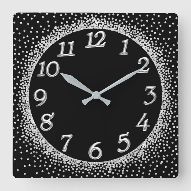 Silver Gray Crystals Confetti Glitzer Black Number Quadratische Wanduhr (Vorderseite)