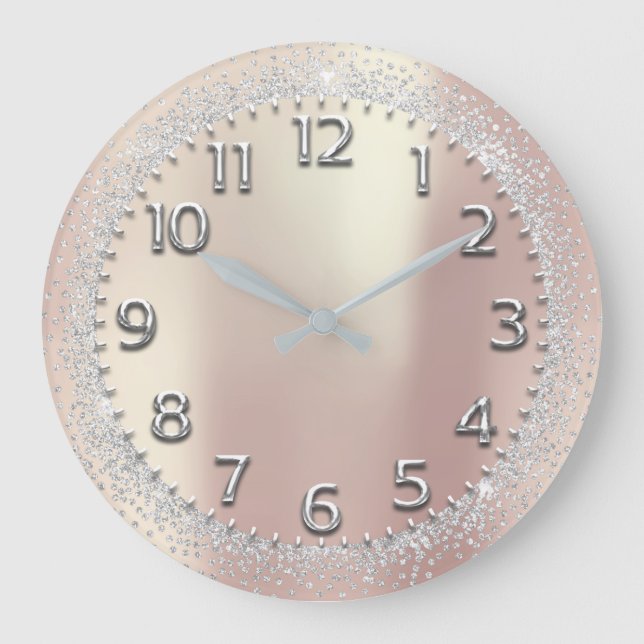 Silver Gray Crystals Glitzer Arabische Zahlen Rose Große Wanduhr (Vorderseite)
