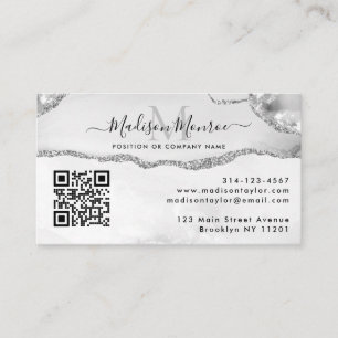 Silver Gray Custom Logo QR Code Agate Monogram Visitenkarte