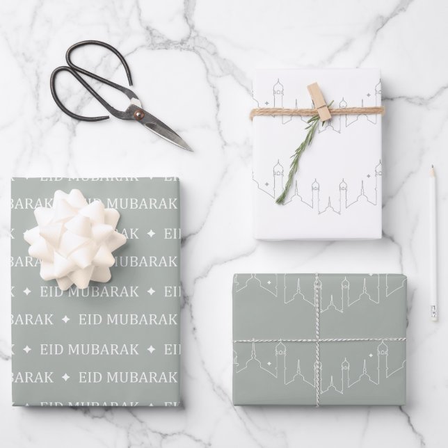Silver Gray Eid Mubarak Masjid Muster Design Geschenkpapier Set (Vorderseite)